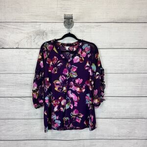 Cato Women's Purple Floral V-Neck Long Sleeve Colorful Blouse Size Large
